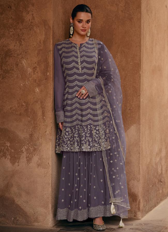 Georgette Lavender Eid Wear Embroidery Work Sharara Suit